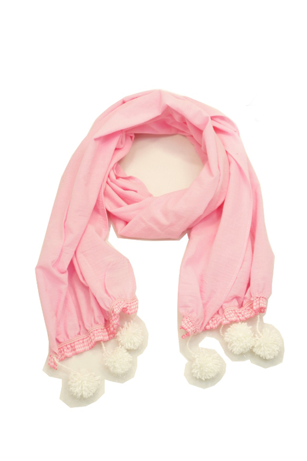 Хлопковый розовый шарф-платок с помпонами